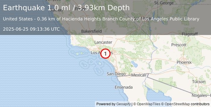 Earthquake 0 km SE of Hacienda Heights, CA (1.0 ml) (2025-06-25 09:13:36 UTC)
