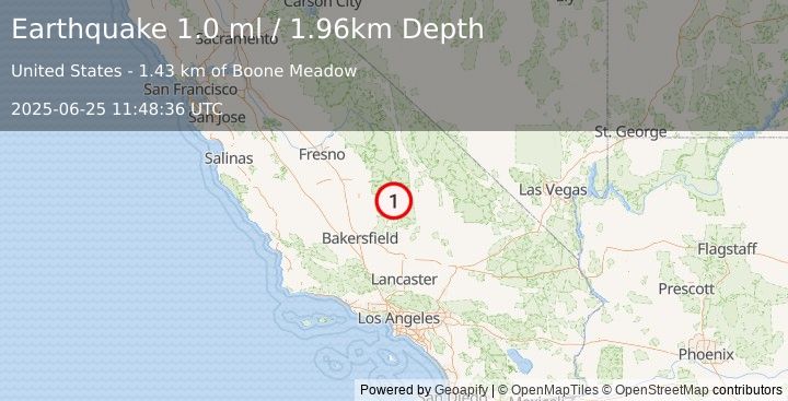 Earthquake 27 km NNE of Kernville, CA (1.0 ml) (2025-06-25 11:48:36 UTC)