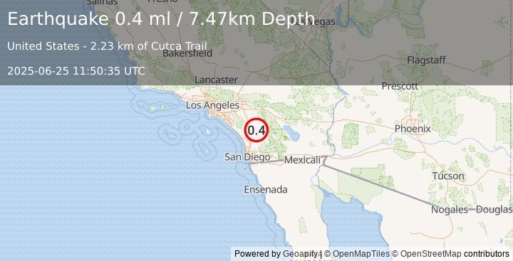 Earthquake 5 km NNW of Palomar Observatory, CA (0.4 ml) (2025-06-25 11:50:35 UTC)