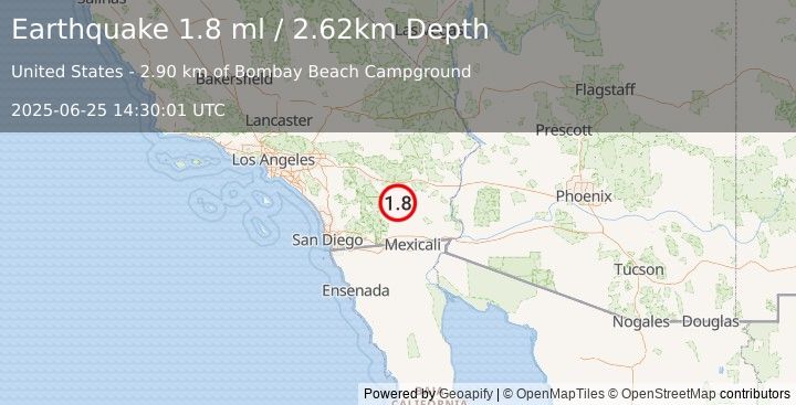 Earthquake 3 km WSW of Bombay Beach, CA (1.8 ml) (2025-06-25 14:30:01 UTC)