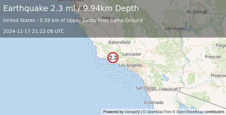 Earthquake 12 km NNE of Carpinteria, CA (2.3 ml) (2024-12-17 21:22:08 UTC)