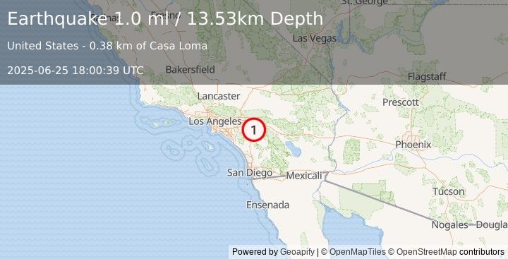 Earthquake 8 km NW of San Jacinto, CA (1.0 ml) (2025-06-25 18:00:39 UTC)
