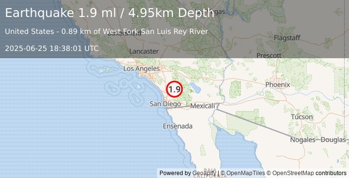 Earthquake 4 km NNE of Lake Henshaw, CA (1.9 ml) (2025-06-25 18:38:01 UTC)