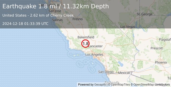 Earthquake 10 km ENE of Pine Mountain Club, CA (1.8 ml) (2024-12-18 01:33:39 UTC)