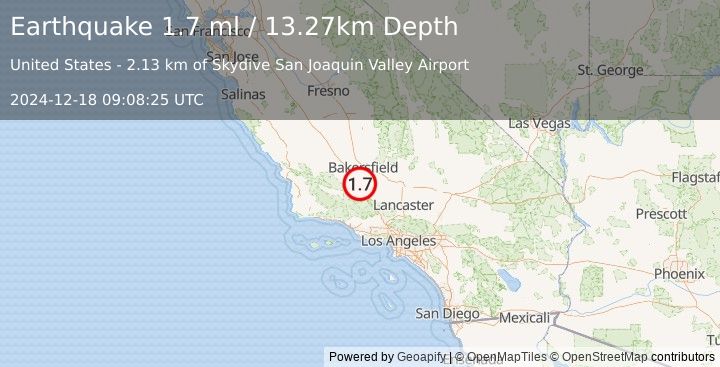 Earthquake 21 km NW of Grapevine, CA (1.7 ml) (2024-12-18 09:08:25 UTC)