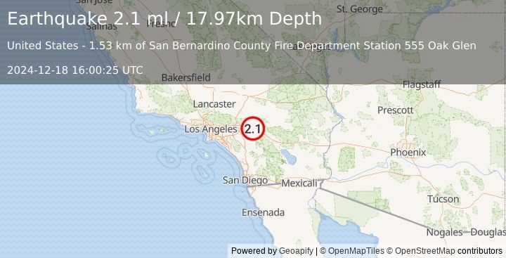 Earthquake 11 km E of Yucaipa, CA (2.1 ml) (2024-12-18 16:00:25 UTC)