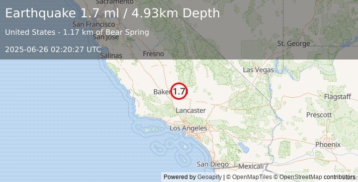 Earthquake 26 km SW of Bodfish, CA (1.7 ml) (2025-06-26 02:20:27 UTC)