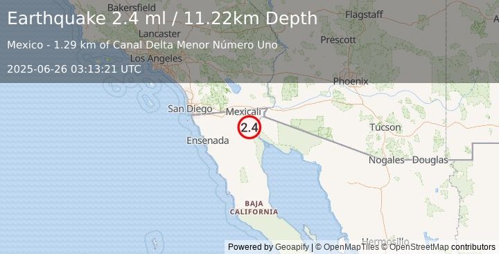Earthquake 10 km W of Alberto Oviedo Mota, B.C., MX (2.4 ml) (2025-06-26 03:13:21 UTC)