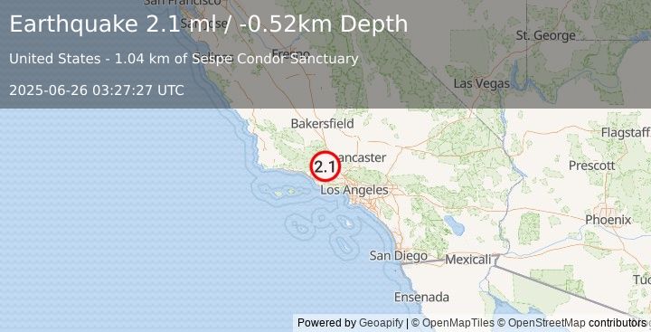 Earthquake 14 km N of Fillmore, CA (2.1 ml) (2025-06-26 03:27:27 UTC)