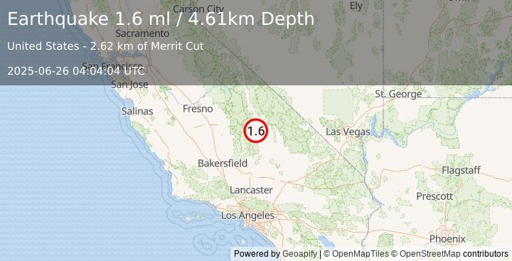 Earthquake 11 km S of Olancha, CA (1.6 ml) (2025-06-26 04:04:04 UTC)