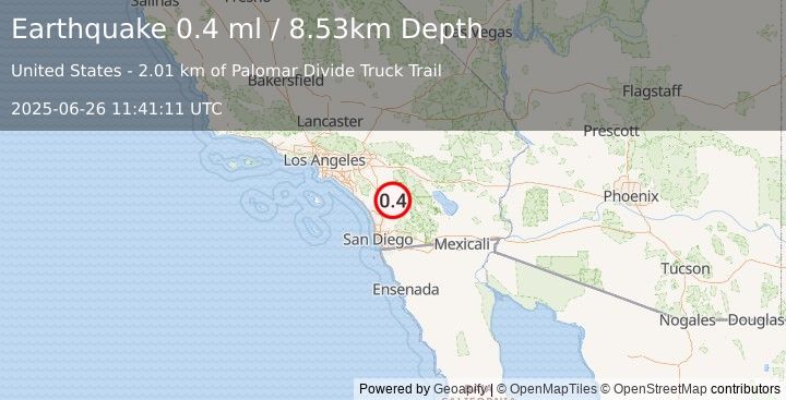 Earthquake 2 km N of Palomar Observatory, CA (0.4 ml) (2025-06-26 11:41:11 UTC)