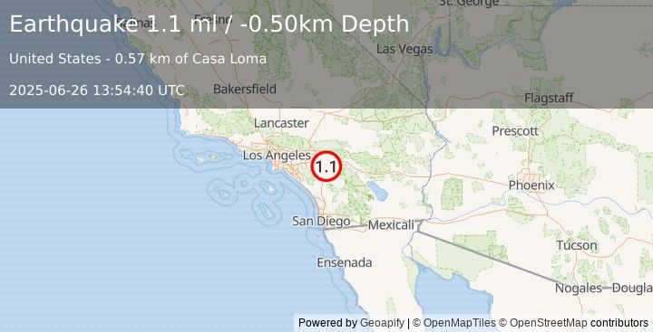 Earthquake 9 km WNW of San Jacinto, CA (1.1 ml) (2025-06-26 13:54:40 UTC)