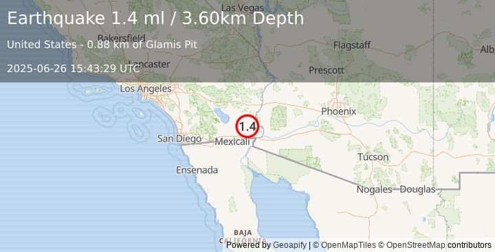 Earthquake 45 km NE of Holtville, CA (1.4 ml) (2025-06-26 15:43:29 UTC)
