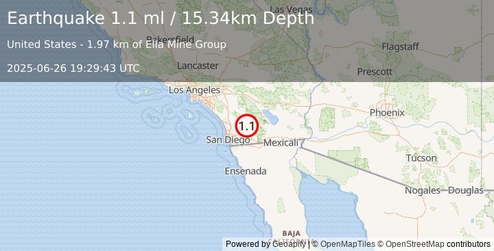 Earthquake 4 km ENE of Julian, CA (1.1 ml) (2025-06-26 19:29:43 UTC)