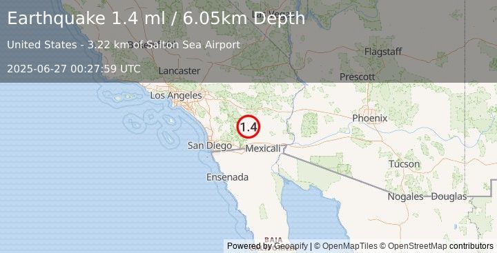 Earthquake 9 km SSE of Salton City, CA (1.4 ml) (2025-06-27 00:27:59 UTC)