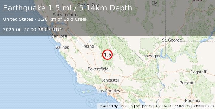 Earthquake 30 km W of Olancha, CA (1.5 ml) (2025-06-27 00:38:07 UTC)