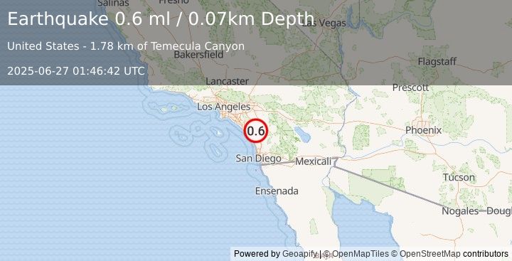 Earthquake 6 km N of Fallbrook, CA (0.6 ml) (2025-06-27 01:46:42 UTC)