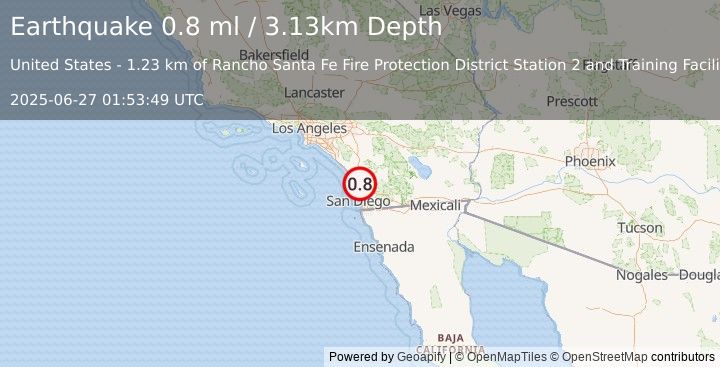 Earthquake 7 km E of Rancho Santa Fe, CA (0.8 ml) (2025-06-27 01:53:49 UTC)