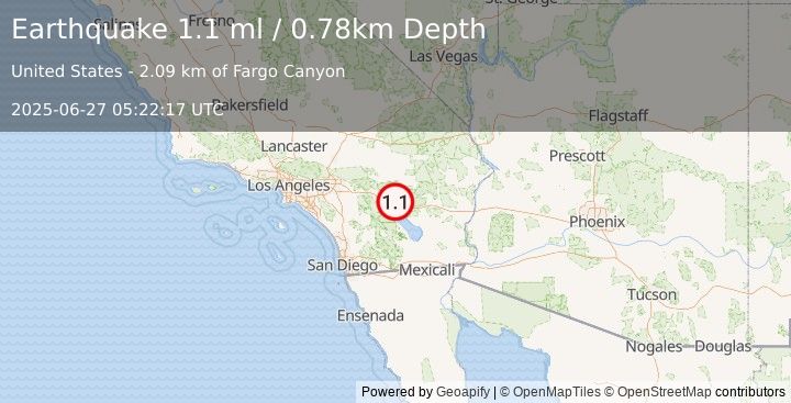 Earthquake 12 km ENE of Indio, CA (1.1 ml) (2025-06-27 05:22:17 UTC)