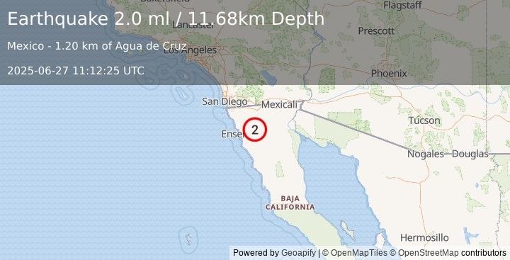 Earthquake 38 km ENE of Ensenada, B.C., MX (2.0 ml) (2025-06-27 11:12:25 UTC)