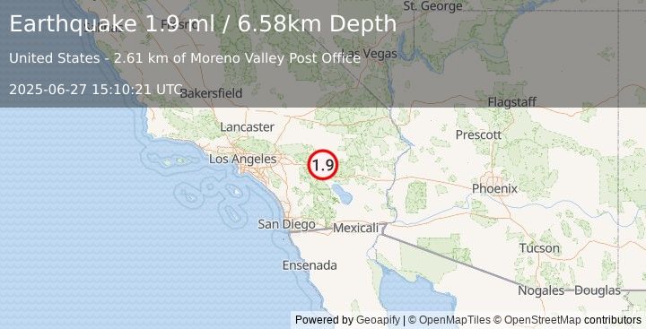 Earthquake 16 km NE of Thousand Palms, CA (1.9 ml) (2025-06-27 15:10:21 UTC)