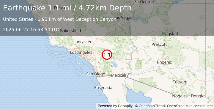 Earthquake 12 km NNE of Thousand Palms, CA (1.1 ml) (2025-06-27 16:53:50 UTC)