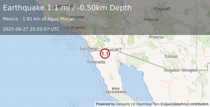 Earthquake 38 km S of Ocotillo, CA (1.1 ml) (2025-06-27 20:20:07 UTC)