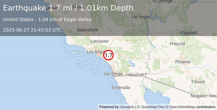 Earthquake 4 km SE of Home Gardens, CA (1.7 ml) (2025-06-27 21:43:03 UTC)