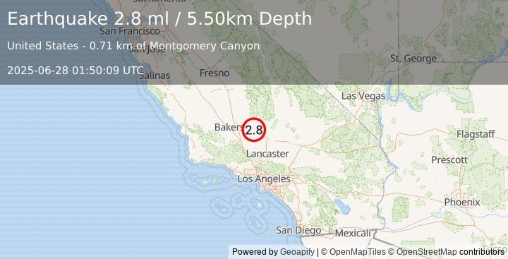 Earthquake 22 km NNW of Tehachapi, CA (2.8 ml) (2025-06-28 01:50:09 UTC)