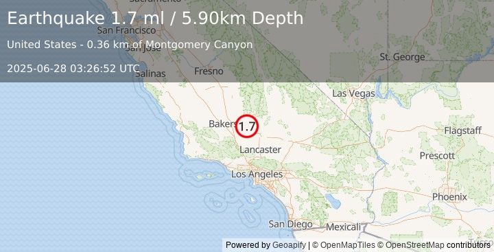Earthquake 22 km NNW of Tehachapi, CA (1.7 ml) (2025-06-28 03:26:52 UTC)