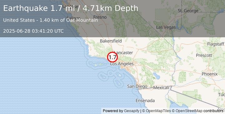 Earthquake 12 km N of Fillmore, CA (1.8 ml) (2025-06-28 03:41:21 UTC)