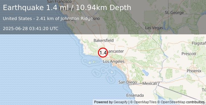 Earthquake 15 km NNW of Fillmore, CA (1.8 ml) (2025-06-28 03:41:21 UTC)