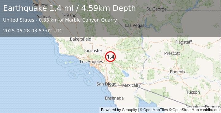 Earthquake 10 km NNW of Big Bear City, CA (1.4 ml) (2025-06-28 03:57:02 UTC)