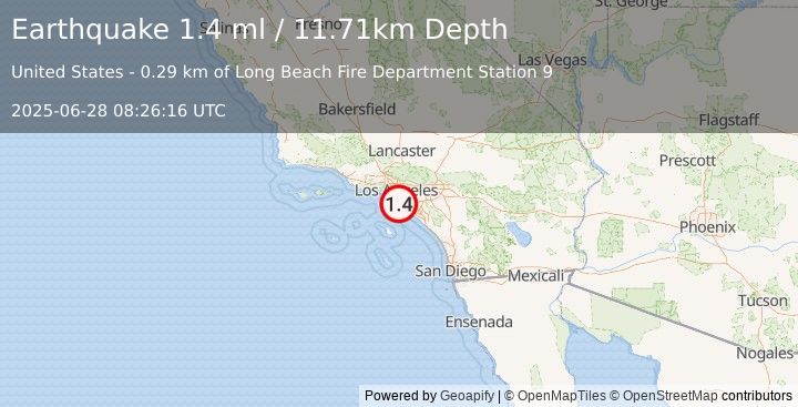 Earthquake 3 km NW of Signal Hill, CA (1.4 ml) (2025-06-28 08:26:16 UTC)