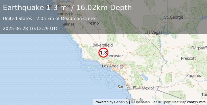Earthquake 5 km SSW of Grapevine, CA (1.3 ml) (2025-06-28 10:12:29 UTC)