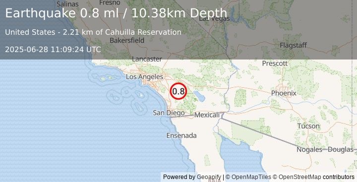 Earthquake 7 km SW of Anza, CA (0.8 ml) (2025-06-28 11:09:24 UTC)
