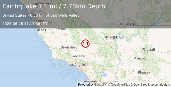 Earthquake 15 km SW of Searles Valley, CA (1.1 ml) (2025-06-28 11:15:36 UTC)