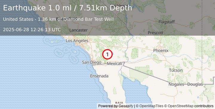 Earthquake 12 km SSW of Salton City, CA (1.0 ml) (2025-06-28 12:26:13 UTC)