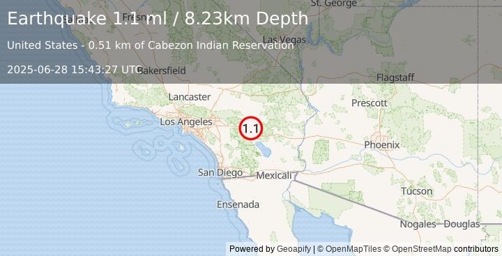 Earthquake 18 km N of Indio, CA (1.1 ml) (2025-06-28 15:43:27 UTC)