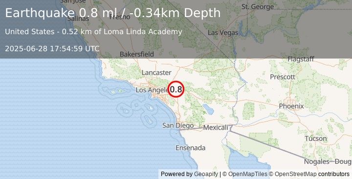 Earthquake 2 km NNE of Loma Linda, CA (0.8 ml) (2025-06-28 17:54:59 UTC)