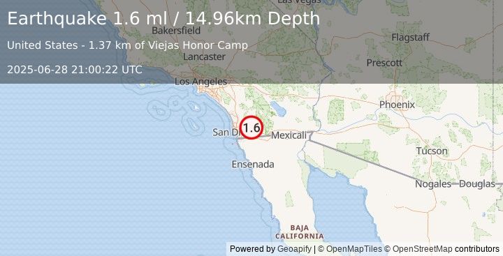 Earthquake 11 km W of Pine Valley, CA (1.6 ml) (2025-06-28 21:00:22 UTC)