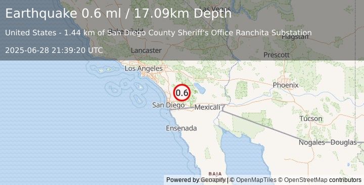 Earthquake 10 km NNE of Julian, CA (0.6 ml) (2025-06-28 21:39:20 UTC)