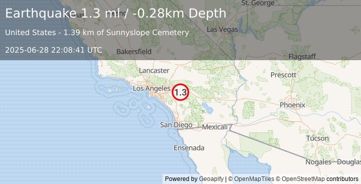 Earthquake 2 km SSE of Beaumont, CA (1.3 ml) (2025-06-28 22:08:40 UTC)