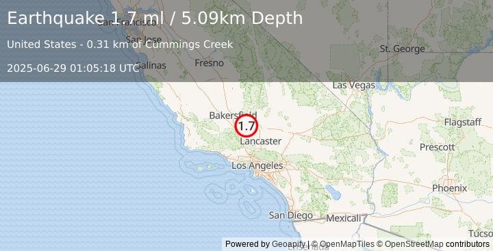 Earthquake 13 km WSW of Tehachapi, CA (1.7 ml) (2025-06-29 01:05:18 UTC)