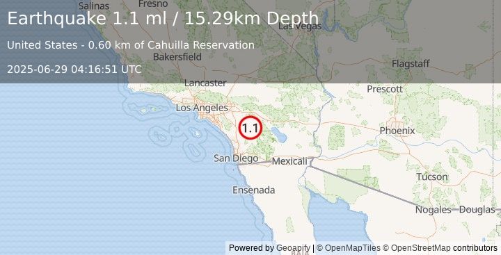Earthquake 5 km SW of Anza, CA (1.1 ml) (2025-06-29 04:16:51 UTC)