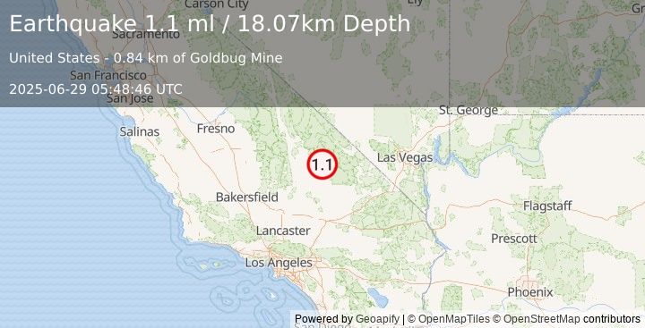 Earthquake 35 km NNE of Trona, CA (1.1 ml) (2025-06-29 05:48:46 UTC)