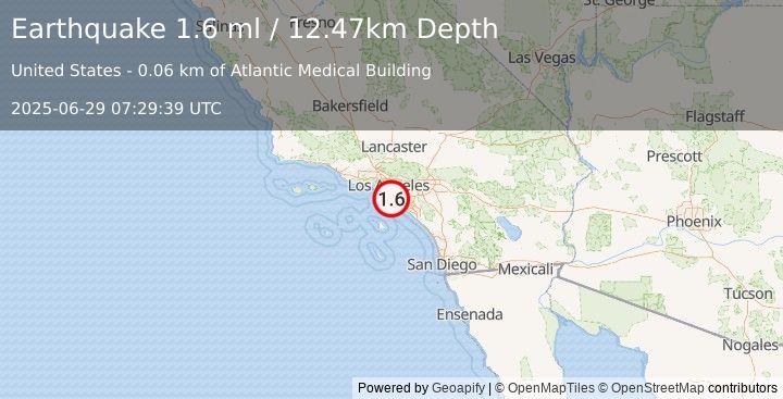Earthquake 2 km WNW of Signal Hill, CA (1.6 ml) (2025-06-29 07:29:39 UTC)