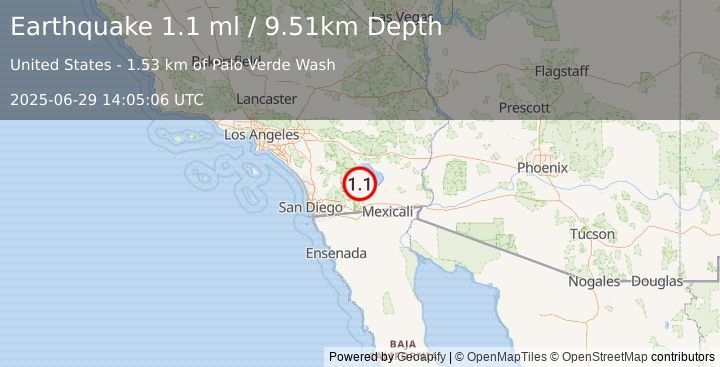Earthquake 5 km E of Ocotillo Wells, CA (1.1 ml) (2025-06-29 14:05:06 UTC)