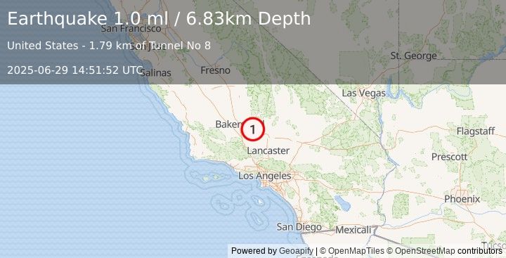 Earthquake 19 km NW of Tehachapi, CA (1.0 ml) (2025-06-29 14:51:52 UTC)