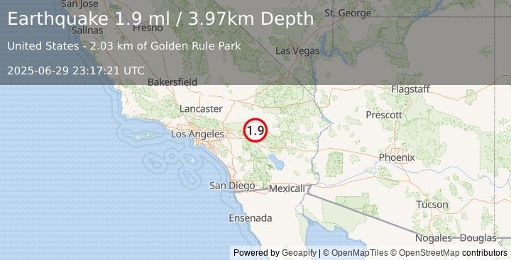 Earthquake 4 km NNW of Yucca Valley, CA (1.9 ml) (2025-06-29 23:17:21 UTC)